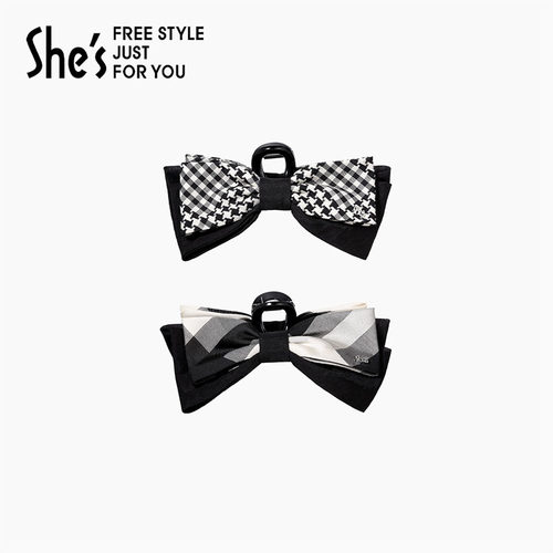 shes茜子复古摩登撞色格纹竖抓夹