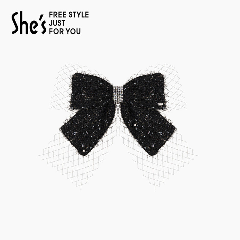 shes茜子奥莱轻简循迹编织粗花呢蝴蝶结网纱拼接马尾发夹盘发横夹,饰品/流行首饰/时尚饰品新,发饰,淘宝优惠券,粉丝福利购,淘宝优惠卷