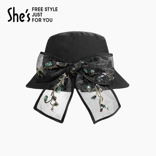 shes茜子渔夫帽刺绣蝴蝶结遮阳