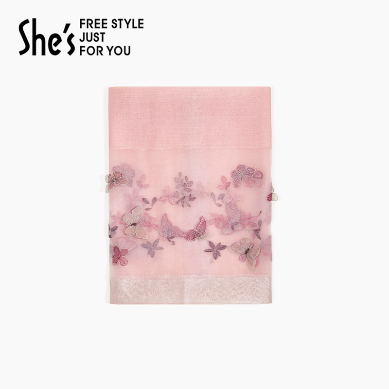 shes茜子植物物语立体蝴蝶刺绣轻奢桑蚕丝丝巾披肩女围巾高档礼物