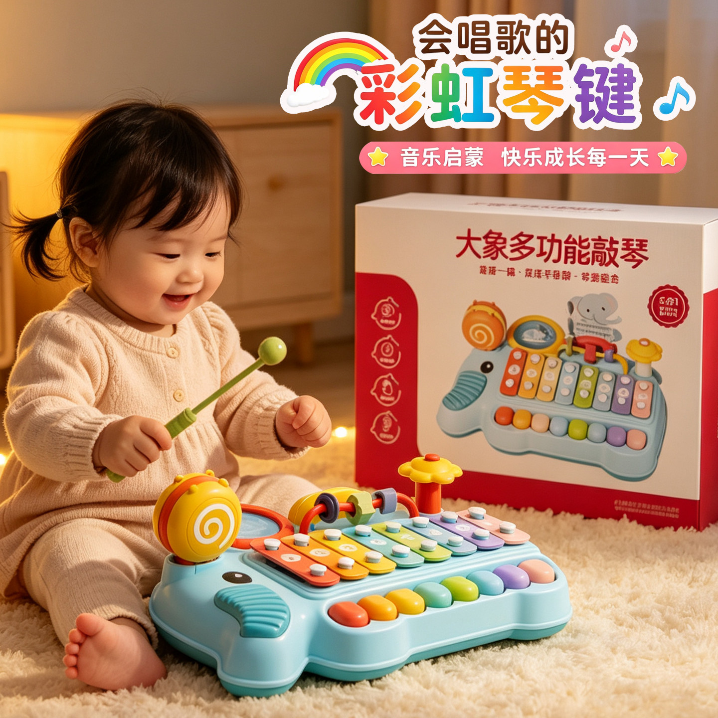 新生婴儿玩具八音手敲琴0到6个月以上一岁宝宝摇铃益智安抚敲敲乐