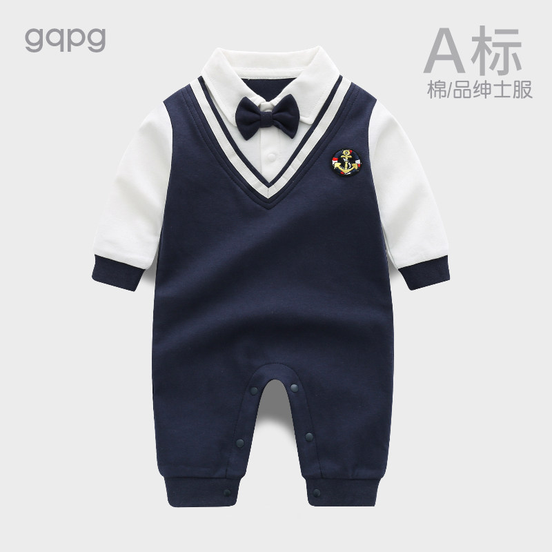 宝宝周岁礼服男学院风绅士纯棉长袖假两件百天日婴儿连体衣春秋装