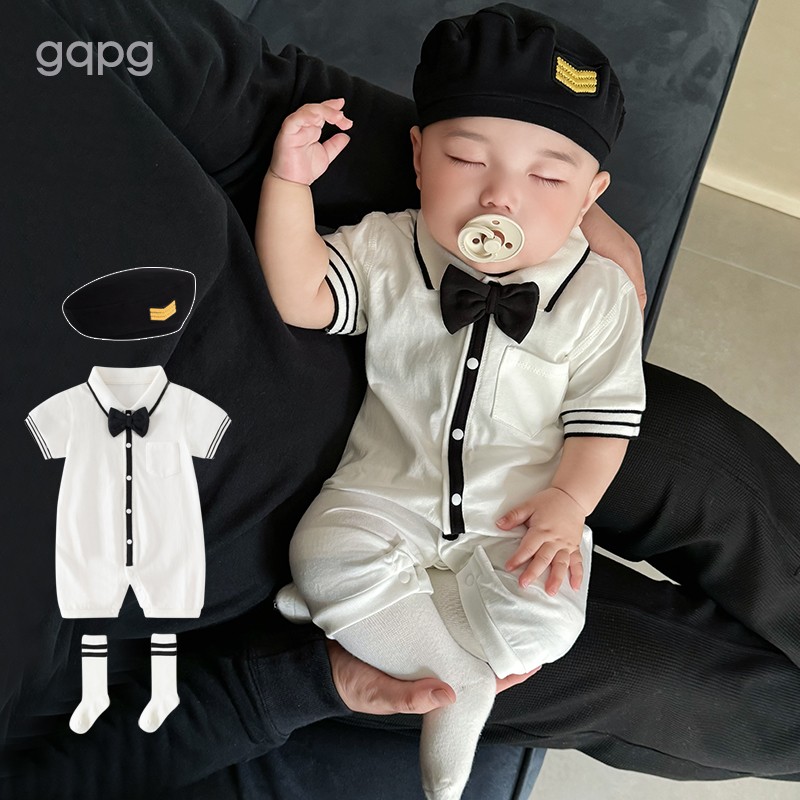 婴儿夏装男满月服百天周岁服百日宴宝宝一岁绅士礼服纯棉连体衣