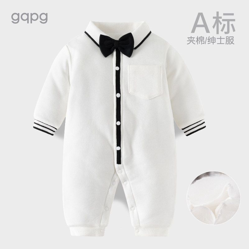 婴儿连体衣夹棉保暖秋冬季装满月服百日宴薄棉绅士男宝宝周岁礼服