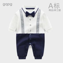 婴儿秋装男宝宝满月服百天宴礼服周岁长袖哈衣爬服绅士连体衣春秋
