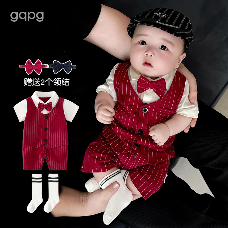 宝宝小少爷服一周岁礼服男满月服百天岁抓周服婴儿连体衣夏季装