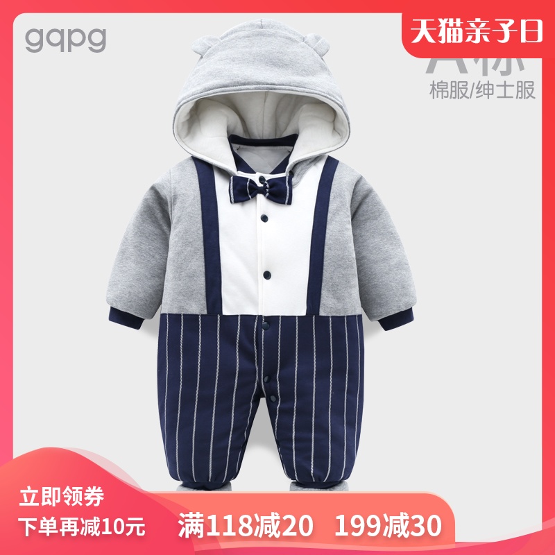 婴儿连体衣秋冬季装夹棉保暖棉服宝宝周岁礼服百天加厚外出服套装