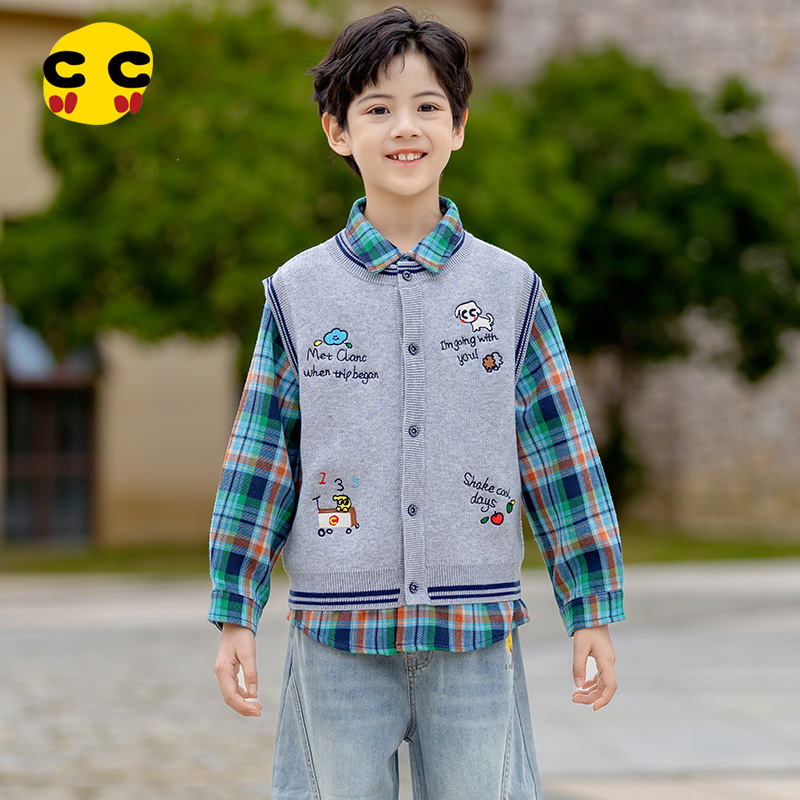 clanc潮牌童装25秋季新品男童毛背心时尚前开扣无袖圆领开衫马甲