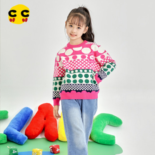 clanc童装24秋宝宝圆点撞色保暖毛衣粉色打底衫女童套头针织衫