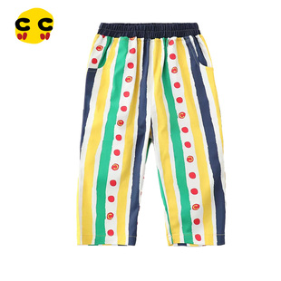 男女儿童个性 clan c韩版 潮牌春夏新款 彩色百搭舒适条纹休闲长裤