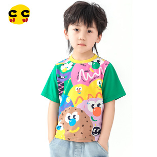 clanc潮牌童装2024夏装新款儿童卡通趣味印花半袖休闲T恤男童短袖