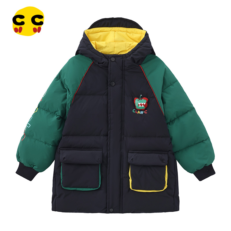 clanc潮牌童装25冬新品男童中长款羽绒服连帽帅气拼接保暖羽绒服