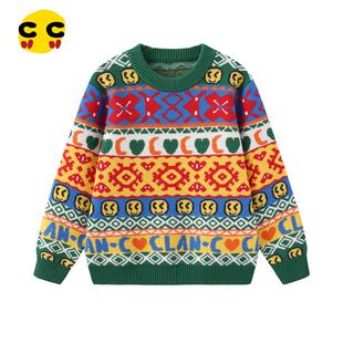 clanc童装冬装新款儿童洋气撞色加厚圆领保暖打底毛衣男童针织衫