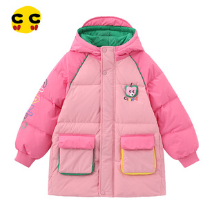 clanc潮牌童装25冬新品女童中长款羽绒服甜美可爱连帽保暖羽绒服