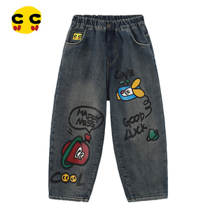 clanc潮牌童装25冬新品男童加绒牛仔裤卡通印花潮酷休闲牛仔长裤