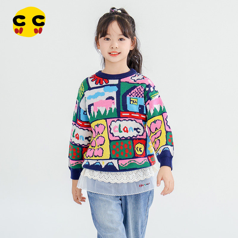 clanc潮牌童装25秋季新品女童针织毛衣时尚撞色卡通印花长袖毛衣,童装/婴儿装/亲子装,毛衣/针织衫,淘宝优惠券,粉丝福利购,淘宝优惠卷