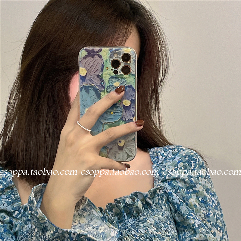 reno6pro蓝光花朵opporeno5手机壳reno4se小清新3por油画2z女k9全包5G软壳k7亮面a93超仙a72潮a3薄a95适用a9x