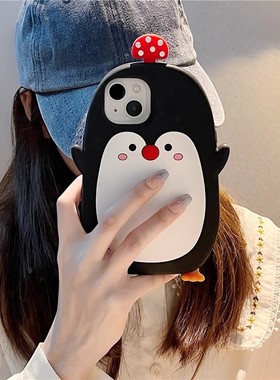 立体可爱胖胖小企鹅适用苹果15/14手机壳13ProMax新款iPhone 12黑白色15Por全包保护防摔11软硅胶套卡通Q萌女