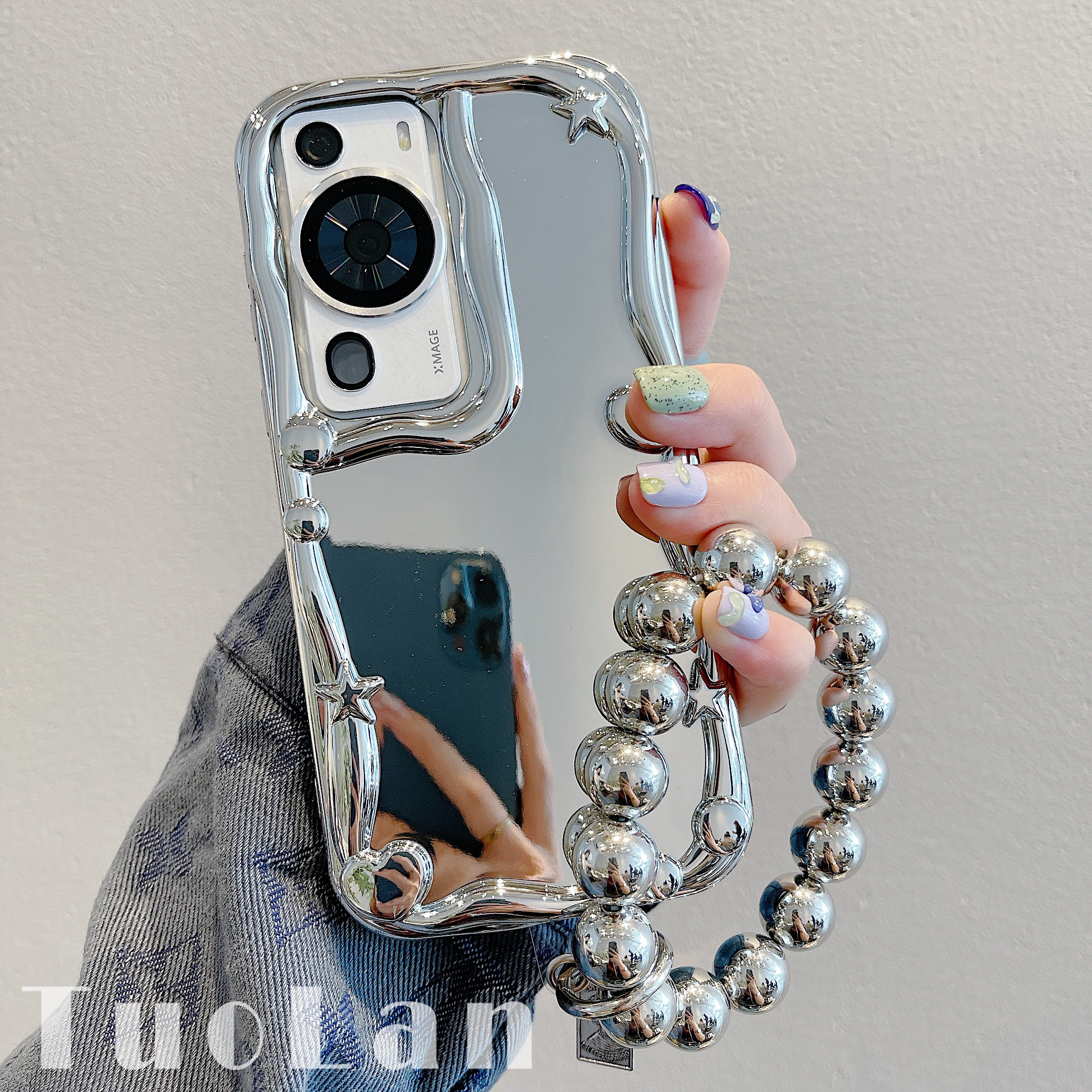 适用OPPOA97电镀银色A96手机壳a95镜子a93s保护套A72带支架A58波浪边A55手链A11x潮a8男女款A32时尚亮面A575G