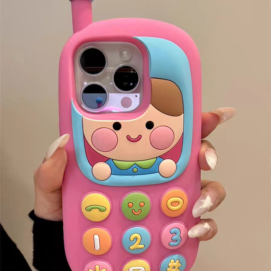 卡通可爱彩色小灵通电话机适用苹果16手机壳iphone13软硅胶保护套14promax立体数字按键15全包16 max潮女新款