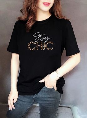 夏季新款印花半袖女体恤黑色显瘦纯棉宽松大码短袖女t恤时尚百搭