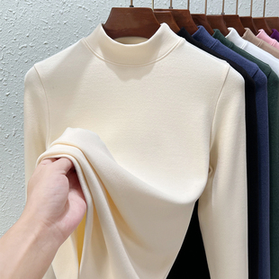 2025新款女士打底衫女秋冬加绒加厚半高领长袖t恤女白色修身显瘦