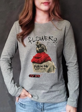 春秋打底衫女长袖修身显瘦纯棉圆领韩版印花灰色长袖T恤女宽松潮