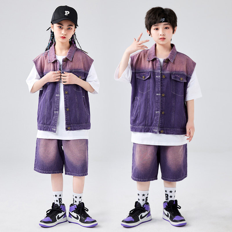 街舞儿童潮服演出服男童牛仔马甲套装女童hiphop街舞童装表演服装 - 实物图