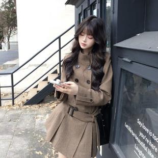 富家千金风双排扣收腰连衣裙女秋冬季小个子高级感气质中长款外套