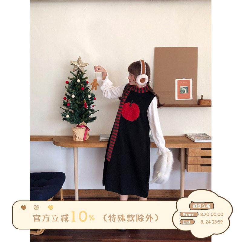 苹果围巾针织背心连衣裙子女甜美小个子无袖中长毛衣裙