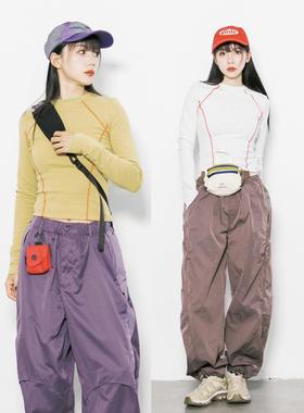 RCDB山系户外拼色哈苏线长袖T恤女修身显瘦运动圆领打底衫上衣tee