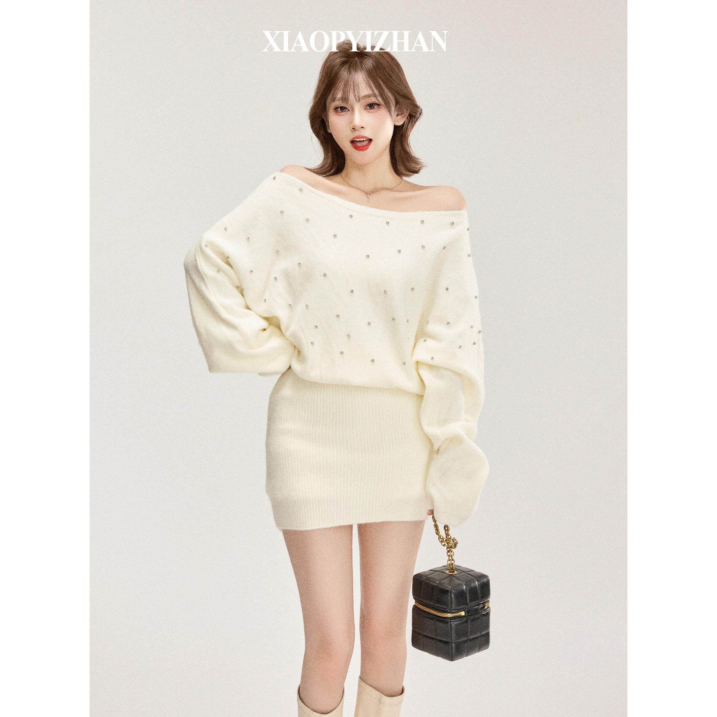 白色一字肩长袖连衣裙女秋冬装法式高级感烫钻针织包臀显瘦短裙子