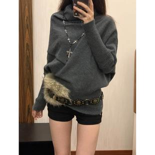 迎雪芊儿针织服饰古早穿搭蝙蝠袖毛衣女秋冬不规则设计感针织上衣