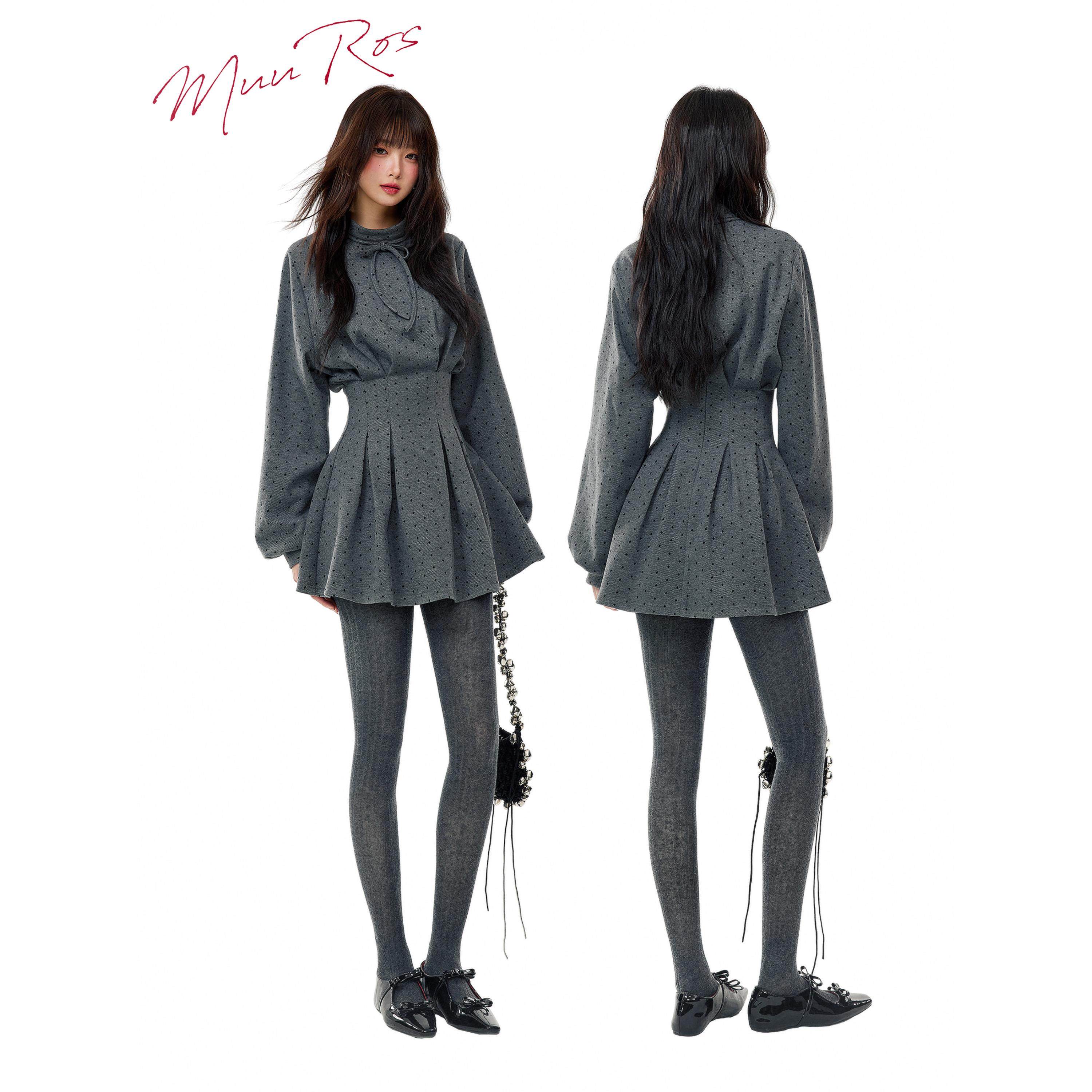 MuuRos冬季法式灰色波点收腰长袖连衣裙衬衫裙女秋冬短款裙子短裙