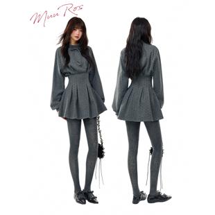 MuuRos冬季法式灰色波点收腰长袖连衣裙衬衫裙女秋冬短款裙子短裙