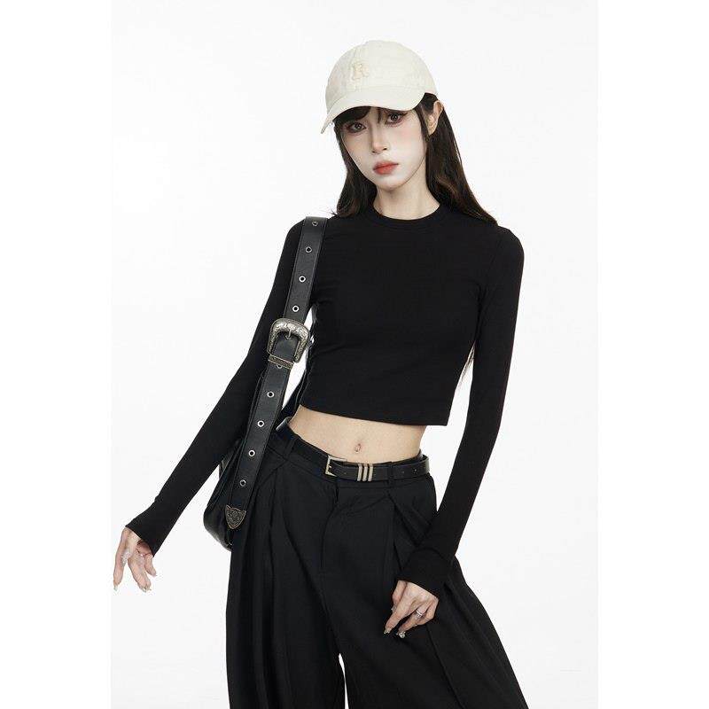 2025韩版新款修身长袖T恤女春季短款小个子百搭内搭叠穿外穿上衣