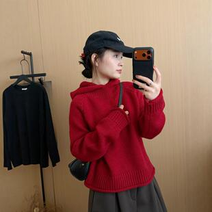 此外 连帽卷边套头针织衫女2025冬季新款宽松韩版毛衣上衣减龄款