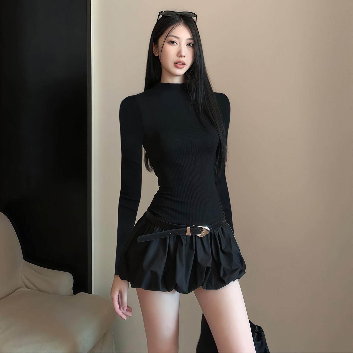 秋季辣妹穿搭修身掐腰内搭黑色长袖连衣裙女高级感短款花苞蓬蓬裙