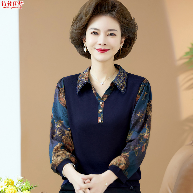 中年妈妈春装长袖t恤2025新款翻领上衣中老年人女装早秋小衫洋气