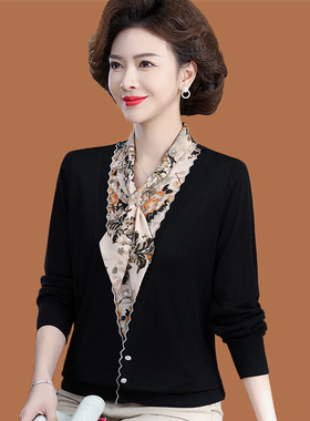 妈妈秋装2025新款假两件套打底衫50中年人女洋气时尚T恤小衫上衣