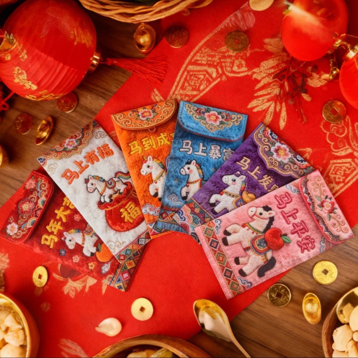爆款2026马年新款仿平面刺绣卡通福马红包春节创意压岁拜年利是封
