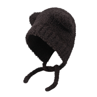 韩版可爱小熊耳朵毛绒帽子女秋冬保暖针织护耳帽系绳绑带毛线帽潮