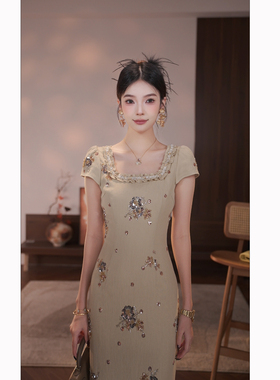 【周子仪】杏色高级感手工钉珠连衣裙女夏季长裙2026新款气质裙子