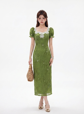 【周子仪】绿色方领钉珠连衣裙女夏季长裙2026年新款气质减龄裙子