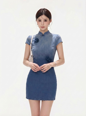 【周子仪】蓝色新中式牛仔连衣裙女夏季2026年新款气质小个子裙子