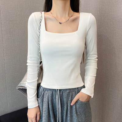 白色方领纯棉打底衫短款齐腰上衣