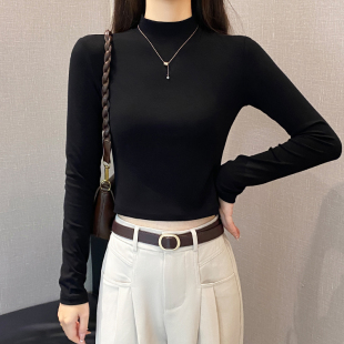 黑色短款半高领长袖t恤女春秋修身打底衫百搭纯色高腰显瘦上衣潮