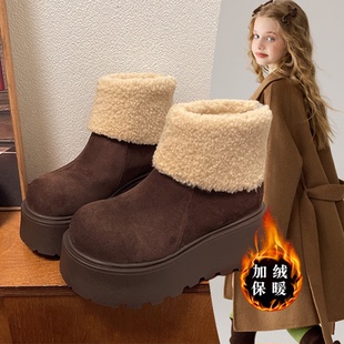 2026年新款韩系女童厚底增高时尚雪地靴防滑耐磨加绒保暖棉鞋爆款