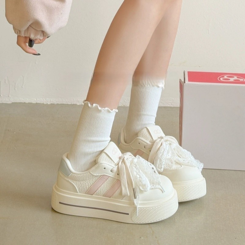 女童小白板鞋蕾丝厚底增高甜妹风