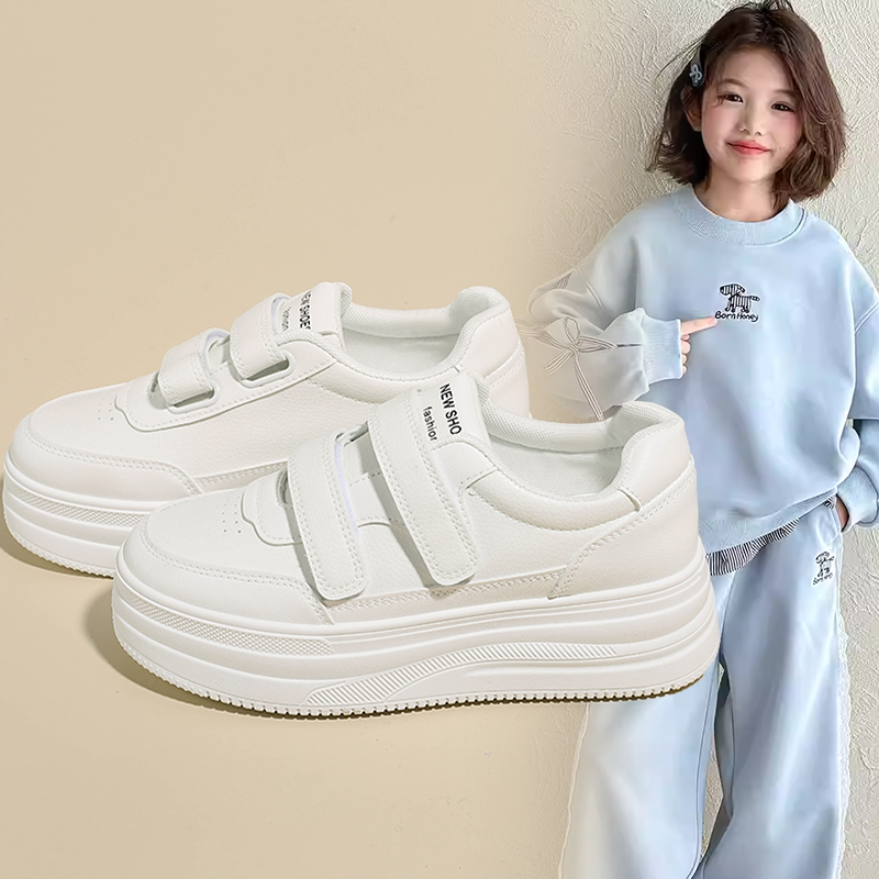 女款简约百搭双魔术贴潮款小白鞋女童2026春秋新款厚底洋气休闲鞋